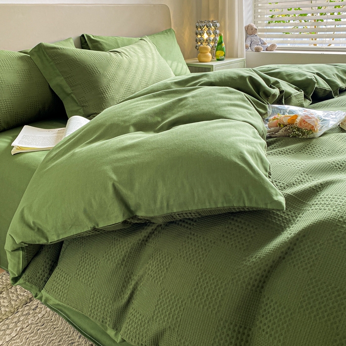 91家纺网 家纺一手货源 找家纺 启程家纺 2024新款全棉华夫格提花四件套 棋盘格-橄榄绿