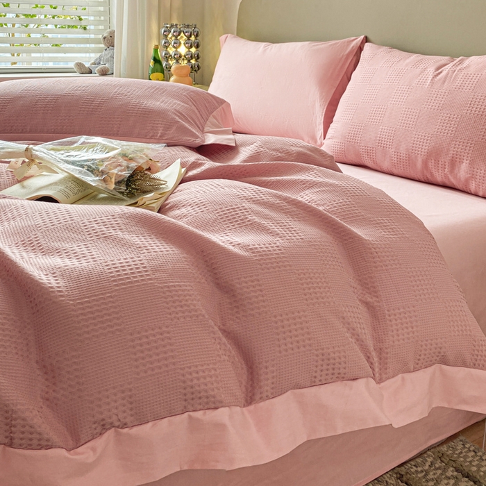 91家纺网 家纺一手货源 找家纺 启程家纺 2024新款全棉华夫格提花四件套 棋盘格-豆沙