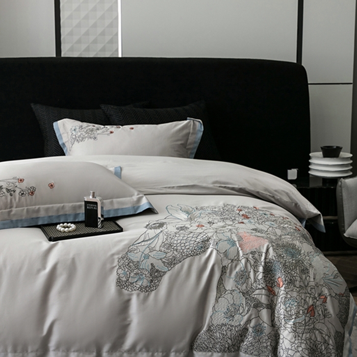 91家纺网 家纺一手货源 找家纺 云胡 2024新款50s双股长绒棉 精工刺绣 宽边工艺四件套 马德里-灰