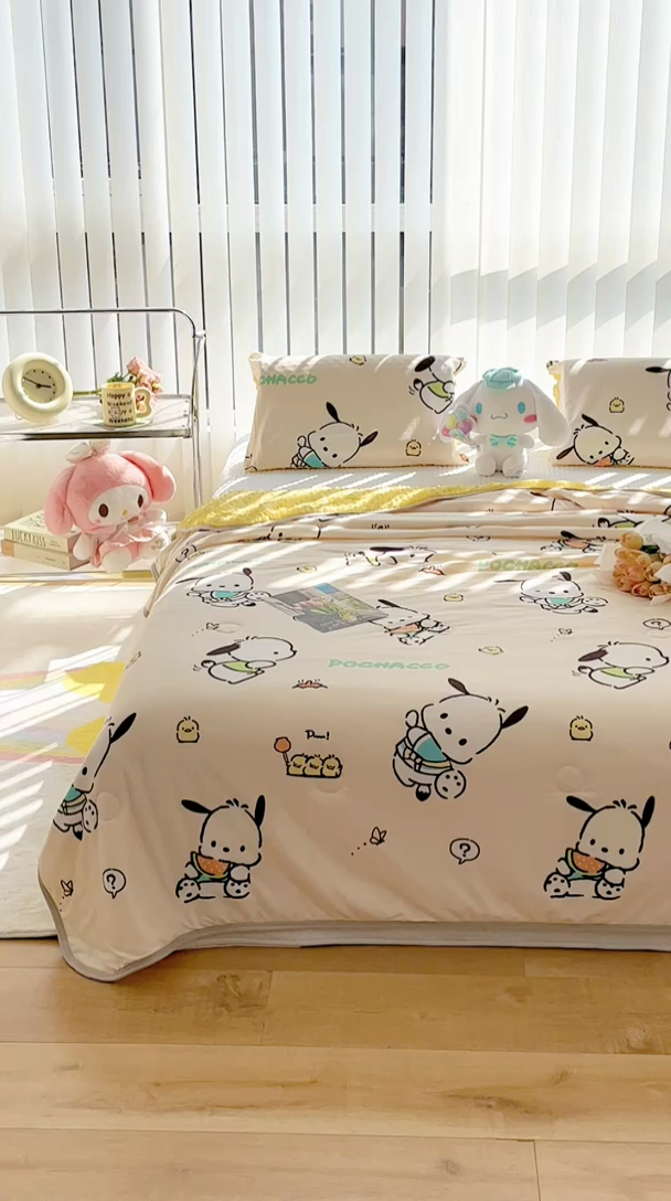 91家纺网 家纺一手货源 找家纺 米米儿家纺 2024新款A类针织棉凉豆豆夏被夏凉被空调被-三丽鸥系列 可爱帕恰狗-黄