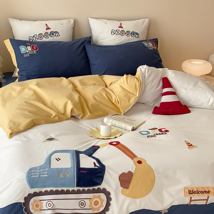 91家纺网 家纺一手货源 找家纺 （总）星野 2024新款加厚40s水洗棉刺绣四件套-挖机小分队