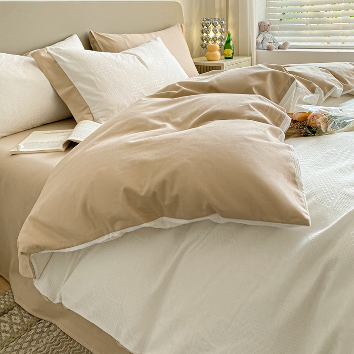 91家纺网 家纺一手货源 找家纺 启程家纺 2024新款全棉华夫格提花四件套 千鸟格-白咖