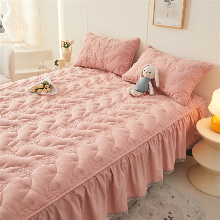 91家纺网 家纺一手货源 找家纺 3C 2024新款全棉水洗棉大豆夹棉床裙式床笠 轻柔粉