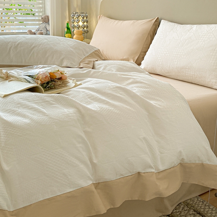 91家纺网 家纺一手货源 找家纺 启程家纺 2024新款全棉华夫格提花四件套 千鸟格-白咖