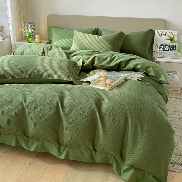 91家纺网 家纺一手货源 找家纺 启程家纺 2024新款全棉华夫格提花四件套 棋盘格-橄榄绿