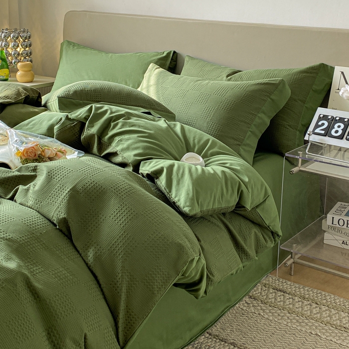 91家纺网 家纺一手货源 找家纺 启程家纺 2024新款全棉华夫格提花四件套 棋盘格-橄榄绿