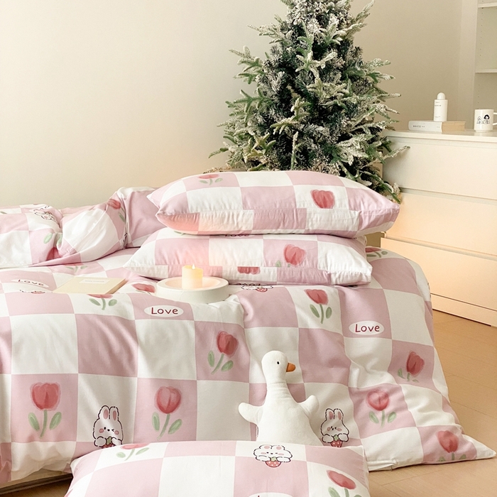 91家纺网 家纺一手货源 找家纺 川悦生活 2024爆款13372全棉卡通小清新四件套三件套 格子花