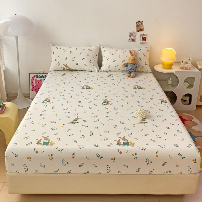 91家纺网 家纺一手货源 找家纺 纽缦家纺 2024水洗双层纱单床笠 小兔堡