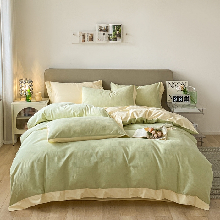 91家纺网 家纺一手货源 找家纺 启程家纺 2024新款全棉华夫格提花四件套 棋盘格-绿奶黄