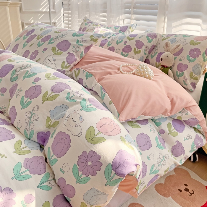 91家纺网 家纺一手货源 找家纺 纽缦家纺 2024水洗双层纱被套 素颜捧花