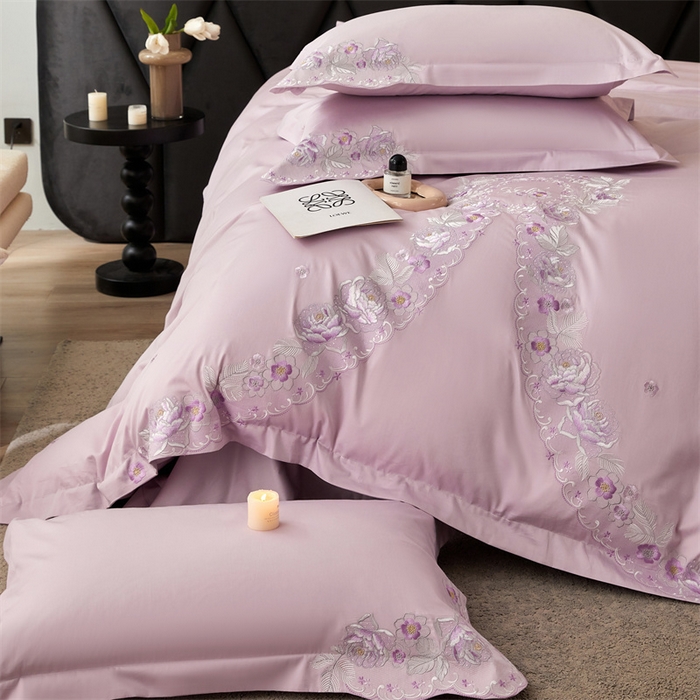 91家纺网 家纺一手货源 找家纺 宏羽纺2024新款高支高密全棉刺绣四件套 浪漫系列 浪漫 海葵紫