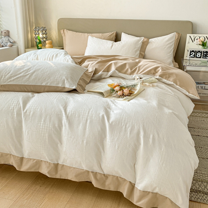 91家纺网 家纺一手货源 找家纺 启程家纺 2024新款全棉华夫格提花四件套 千鸟格-白咖