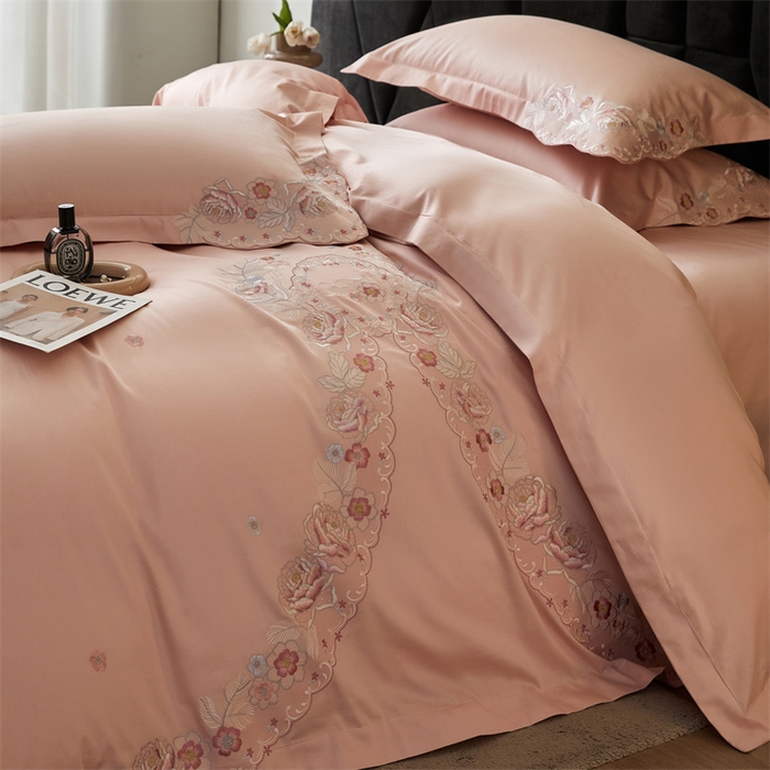 91家纺网 家纺一手货源 找家纺 宏羽纺2024新款高支高密全棉刺绣四件套 浪漫系列 浪漫 美男粉