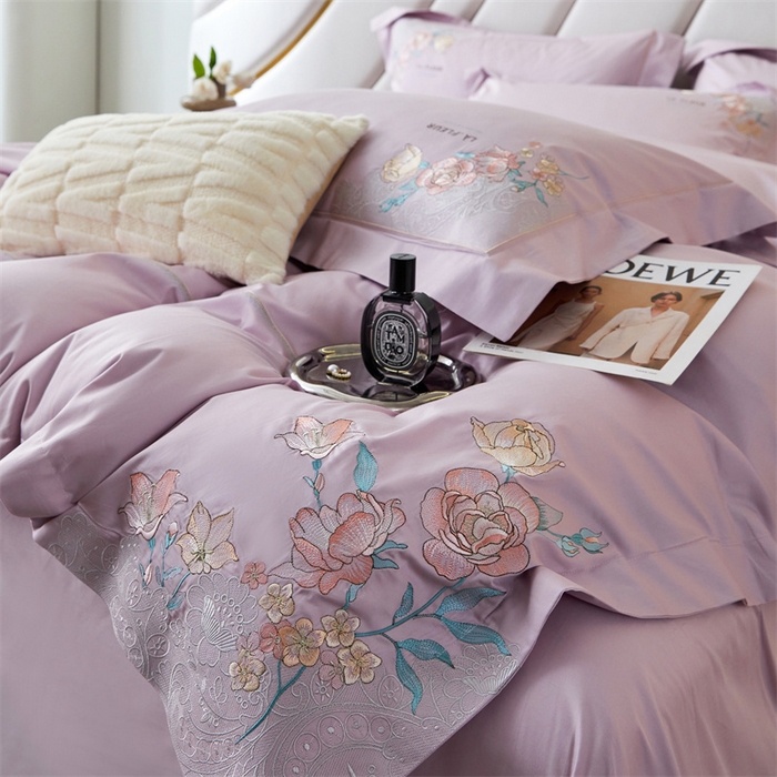 91家纺网 家纺一手货源 找家纺 宏羽纺2024新款高支高密全棉刺绣四件套-艾伦系列 艾伦 海葵紫