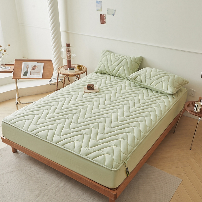 91家纺网 家纺一手货源 找家纺 3C 2024新款全棉双层纱大豆床笠 抹茶绿