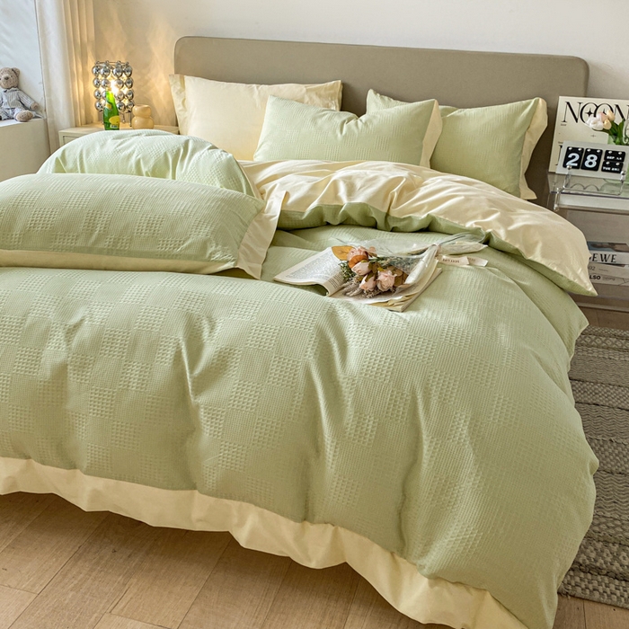 91家纺网 家纺一手货源 找家纺 启程家纺 2024新款全棉华夫格提花四件套 棋盘格-绿奶黄