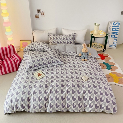 云锦家居 2024新款13070纯棉印花吊边款一字绣四件套 紫雾爱心