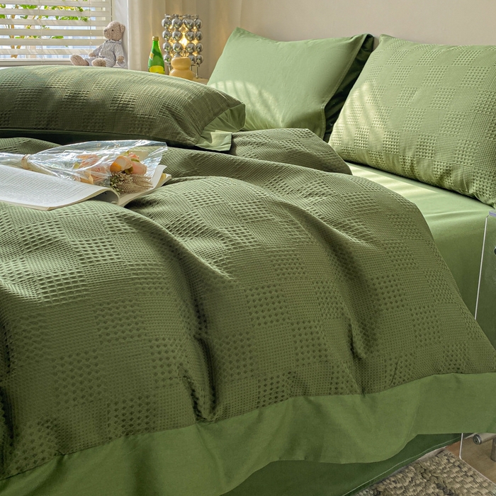 91家纺网 家纺一手货源 找家纺 启程家纺 2024新款全棉华夫格提花四件套 棋盘格-橄榄绿