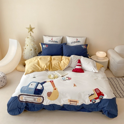 91家纺网 家纺一手货源 找家纺 （总）星野 2024新款加厚40s水洗棉刺绣四件套-挖机小分队