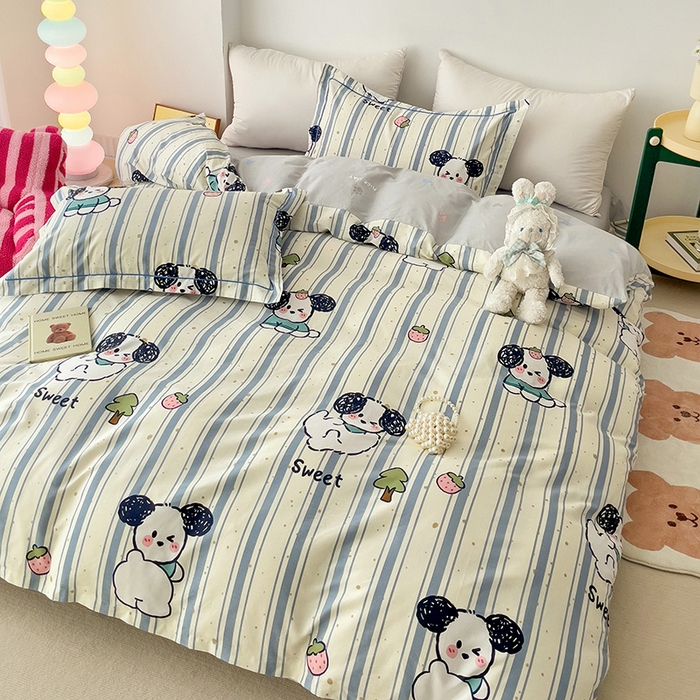 91家纺网 家纺一手货源 找家纺 云锦家居 2024新款13070纯棉印花吊边款一字绣四件套 条纹狗狗