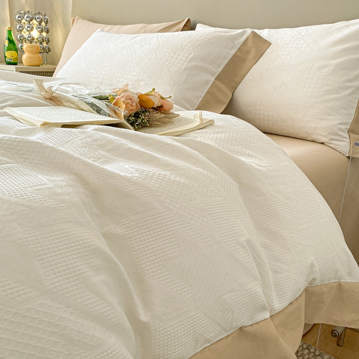 91家纺网 家纺一手货源 找家纺 启程家纺 2024新款全棉华夫格提花四件套 千鸟格-白咖