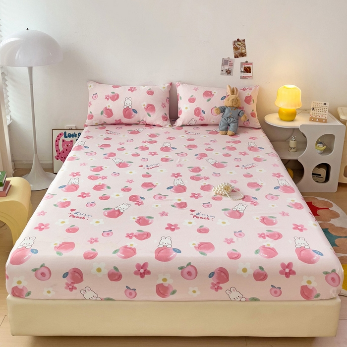 91家纺网 家纺一手货源 找家纺 纽缦家纺 2024水洗双层纱单床笠 桃你喜欢