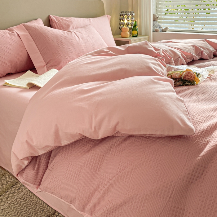 91家纺网 家纺一手货源 找家纺 启程家纺 2024新款全棉华夫格提花四件套 棋盘格-豆沙