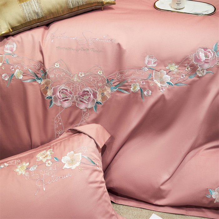 91家纺网 家纺一手货源 找家纺 宏羽纺2024新款高支高密全棉刺绣四件套 伊丽莎白系列 伊丽莎白 豆沙