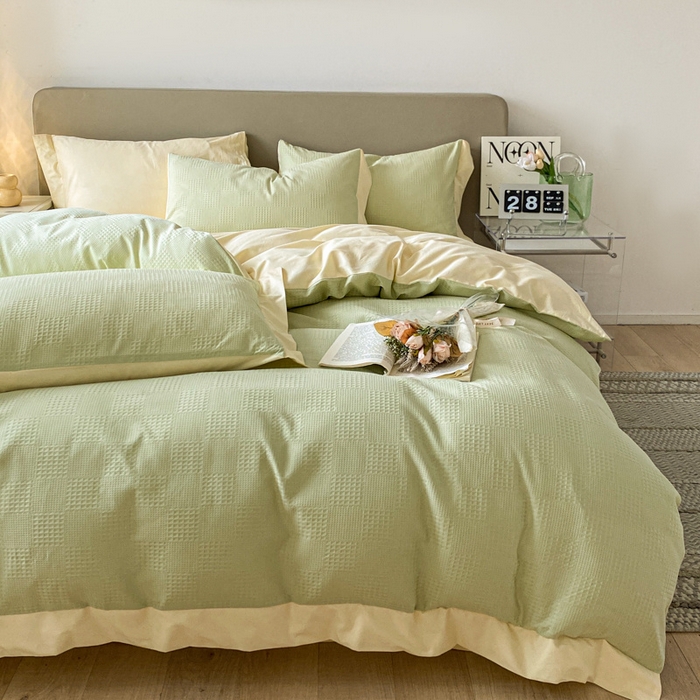 91家纺网 家纺一手货源 找家纺 启程家纺 2024新款全棉华夫格提花四件套 棋盘格-绿奶黄