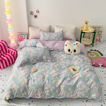 云锦家居 2024新款13070纯棉印花吊边款一字绣四件套 绣球花兔