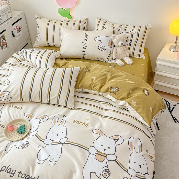 91家纺网 家纺一手货源 找家纺 川悦生活 2024爆款13372全棉卡通小清新四件套三件套 快乐跳舞