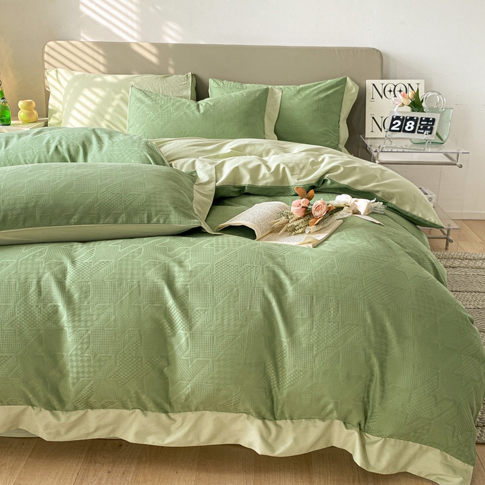 91家纺网 家纺一手货源 找家纺 启程家纺 2024新款全棉华夫格提花四件套 千鸟格-浅草绿