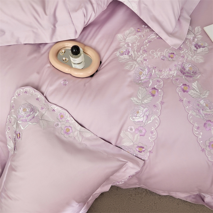 91家纺网 家纺一手货源 找家纺 宏羽纺2024新款高支高密全棉刺绣四件套 浪漫系列 浪漫 海葵紫