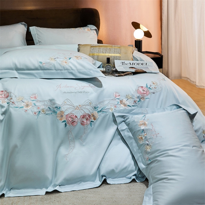 91家纺网 家纺一手货源 找家纺 宏羽纺2024新款高支高密全棉刺绣四件套 伊丽莎白系列 伊丽莎白 西子蓝