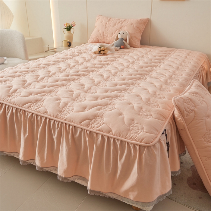 91家纺网 家纺一手货源 找家纺 （总）3C 2024新款玫瑰全棉水洗棉大豆夹棉床裙式床笠