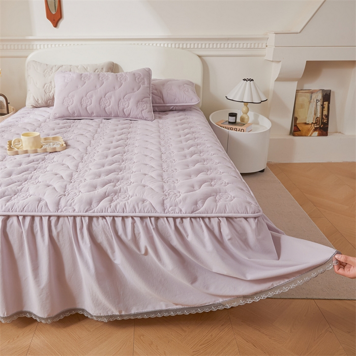 91家纺网 家纺一手货源 找家纺 3C 2024新款玫瑰全棉水洗棉大豆夹棉床裙 优雅紫