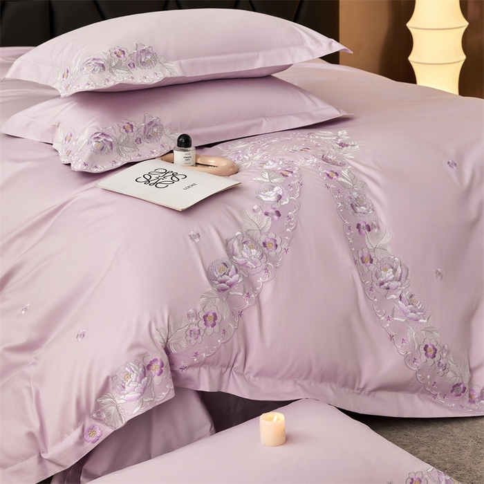 91家纺网 家纺一手货源 找家纺 宏羽纺2024新款高支高密全棉刺绣四件套 浪漫系列 浪漫 海葵紫