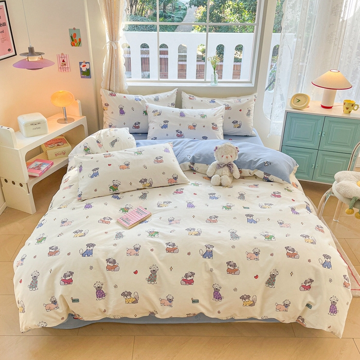 91家纺网 家纺一手货源 找家纺 川悦生活 2024爆款13372全棉卡通小清新四件套三件套 法式小狗