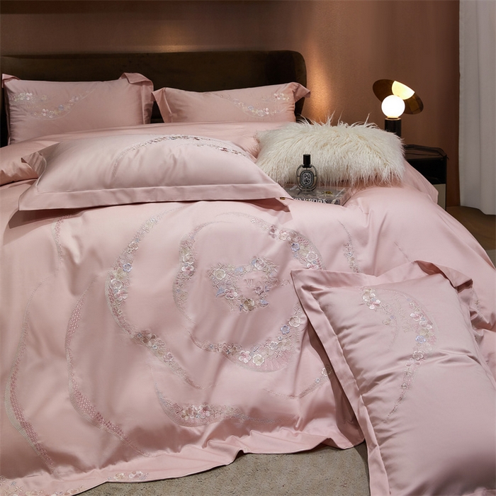 91家纺网 家纺一手货源 找家纺 宏羽纺家纺 2024新款高支高密全棉绣花工艺四件套-怡悦 怡悦 美男粉