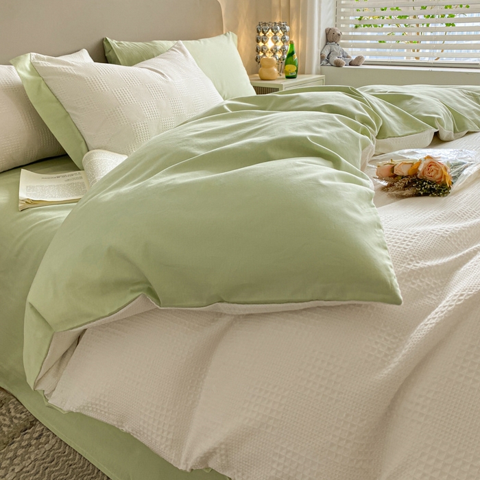 91家纺网 家纺一手货源 找家纺 启程家纺 2024新款全棉华夫格提花四件套 棋盘格-奶白绿