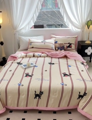 91家纺网 家纺一手货源 找家纺 星巴K家纺 2024新款小清新柔软泡泡棉夏凉被被子空调被夏被 粉喵