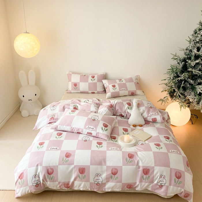 91家纺网 家纺一手货源 找家纺 川悦生活 2024爆款13372全棉卡通小清新四件套三件套 格子花