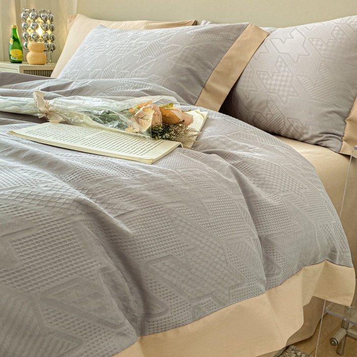 91家纺网 家纺一手货源 找家纺 启程家纺 2024新款全棉华夫格提花四件套 千鸟格-灰咖