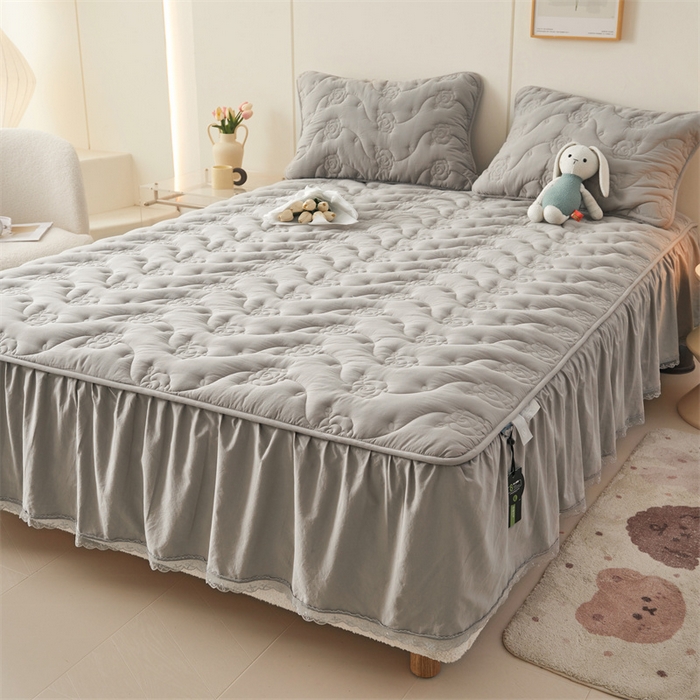 91家纺网 家纺一手货源 找家纺 3C 2024新款全棉水洗棉大豆夹棉床裙式床笠 夜光灰