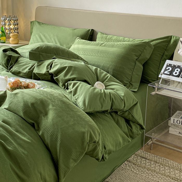 91家纺网 家纺一手货源 找家纺 启程家纺 2024新款全棉华夫格提花四件套 小豆芽-橄榄绿