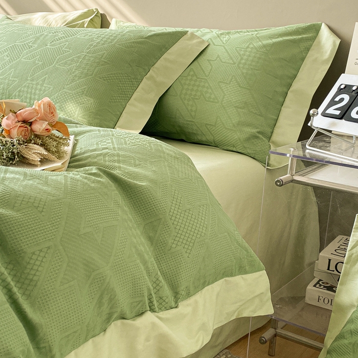 91家纺网 家纺一手货源 找家纺 启程家纺 2024新款全棉华夫格提花四件套 千鸟格-浅草绿