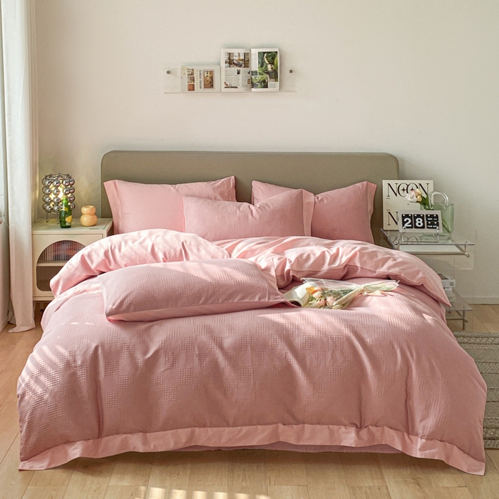 91家纺网 家纺一手货源 找家纺 启程家纺 2024新款全棉华夫格提花四件套 棋盘格-豆沙