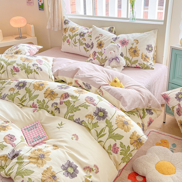 91家纺网 家纺一手货源 找家纺 川悦生活 2024爆款13372全棉卡通小清新四件套三件套 春野田园