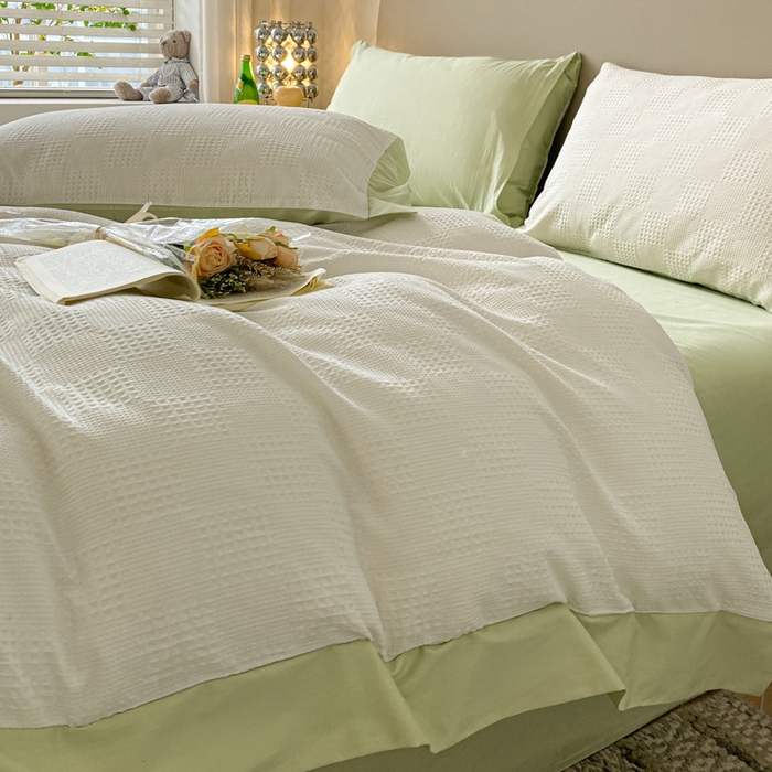 91家纺网 家纺一手货源 找家纺 启程家纺 2024新款全棉华夫格提花四件套 棋盘格-奶白绿