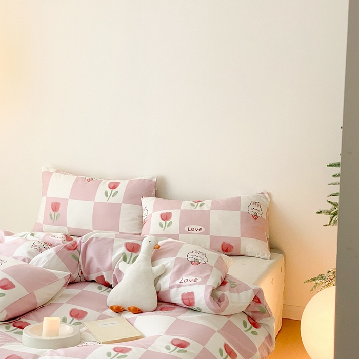 91家纺网 家纺一手货源 找家纺 川悦生活 2024爆款13372全棉卡通小清新四件套三件套 格子花